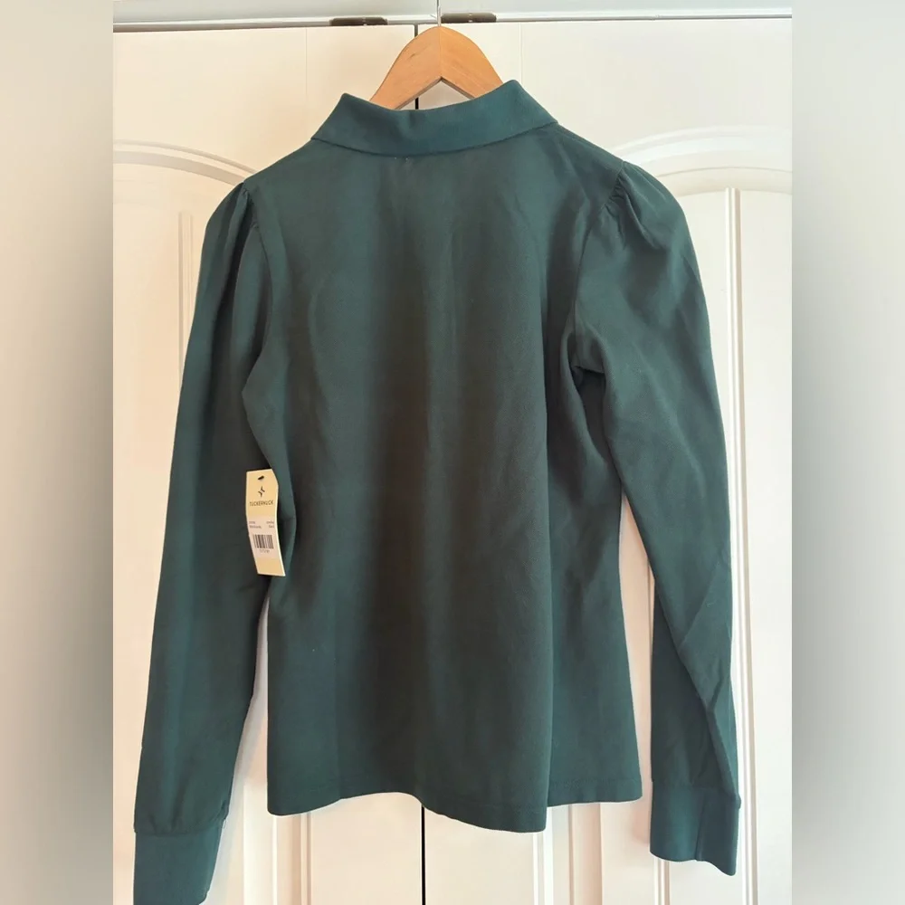Tuckernuck NWT Women's June Bug Polo Green‎ Cotton Top Sz Small Puff Long Sleeve